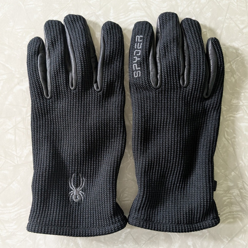 Spyder Black Knit and Leather Gloves Womens Large Mens Small Winter Ski Sport